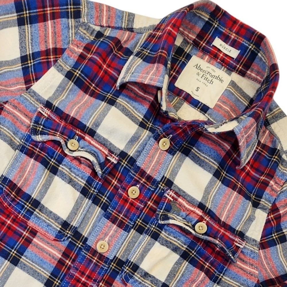 Abercrombie & Fitch Mens Small Muscle Fit Plaid Flannel Shirt Red Blue Cotton